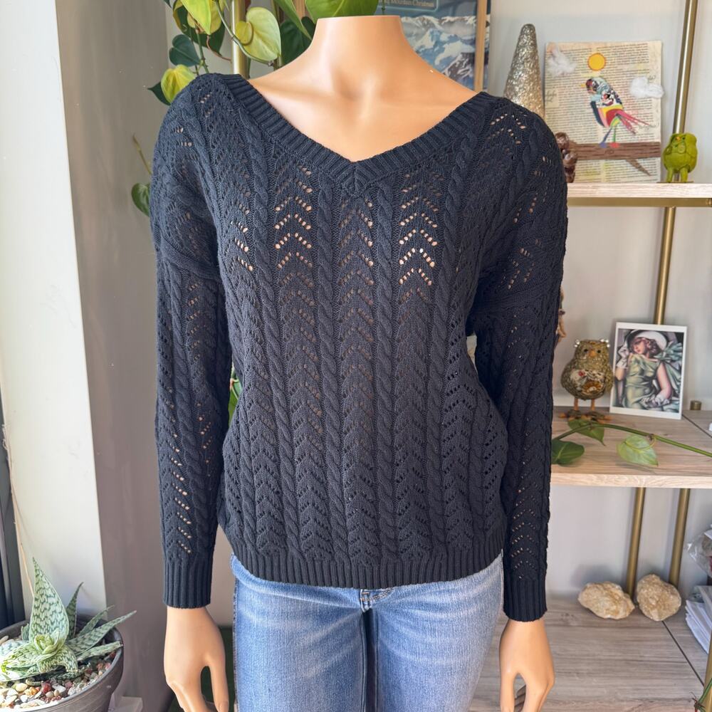 NWT Francesca's Lylah Chenille Pointelle Knotback Pullover Black Sweater, Small